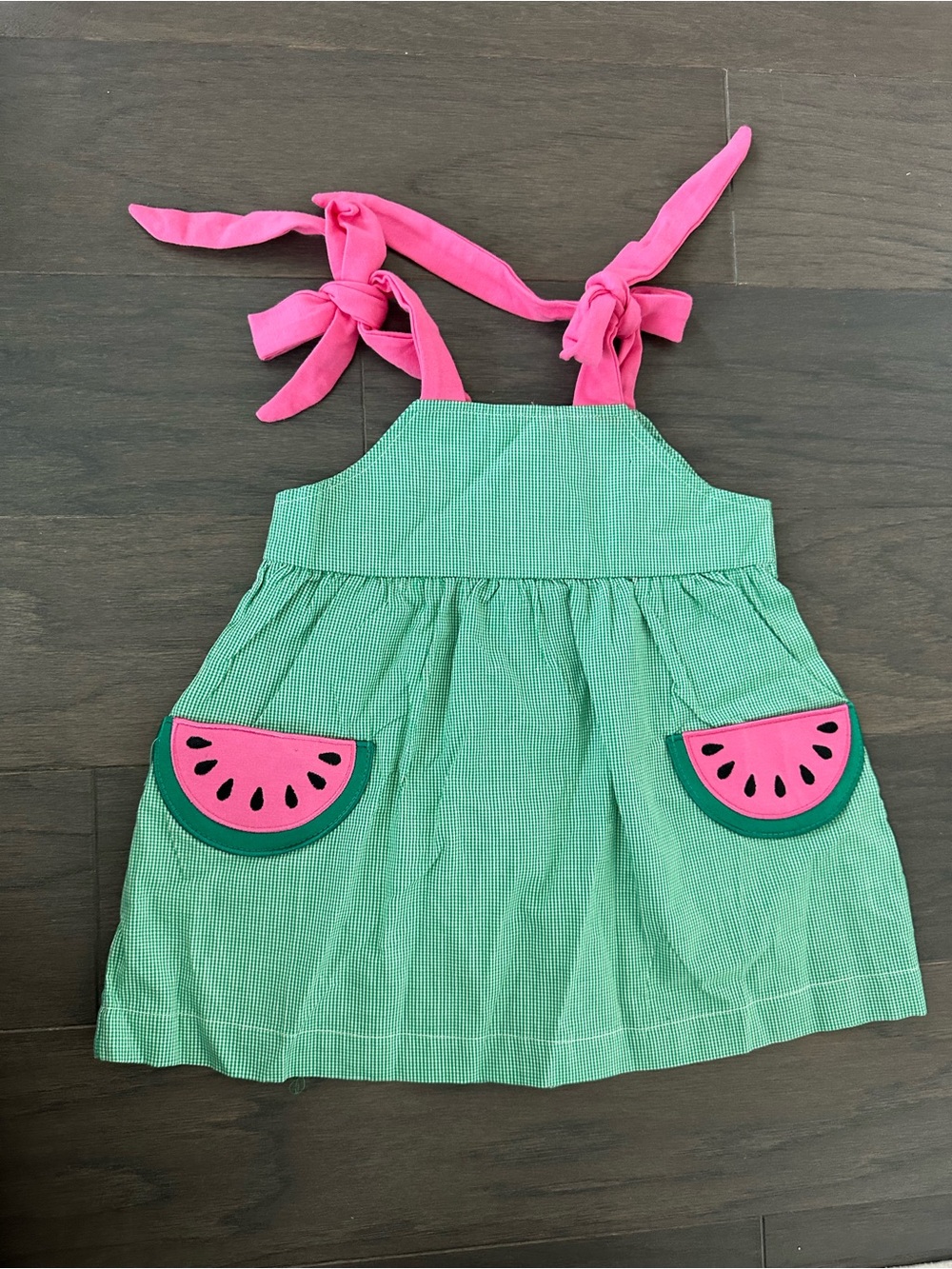 Stitchy fish gingham green Sundress with Watermelon Pockets size 12 months
